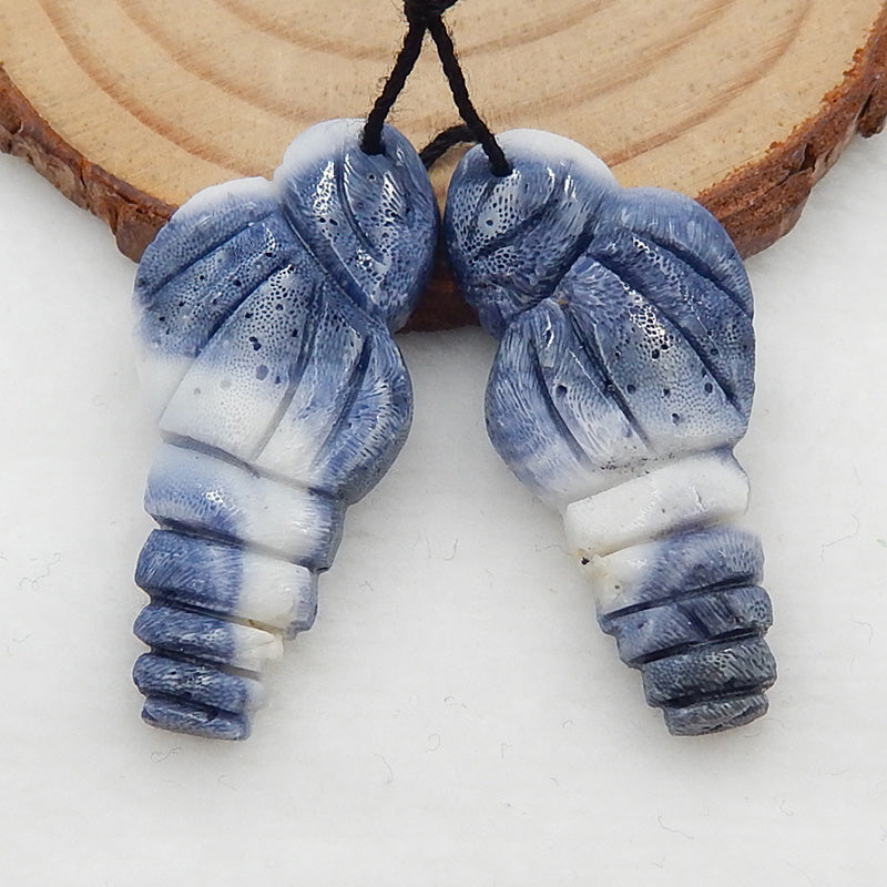 Natural Blue Coral Carved shell Earring Beads 33x18x4mm, 6.2g