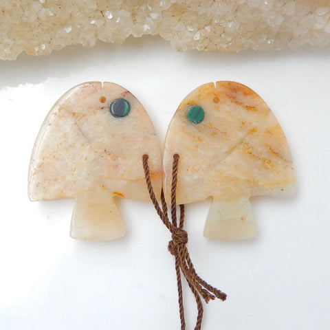 Intarsia of Amazonite And Malachite Carved Fish Earring Beads 29x24x5mm, 9.4g