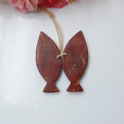 Natural Red Creek Jasper Carved fish Earring Beads 37x14x3mm, 6.4g