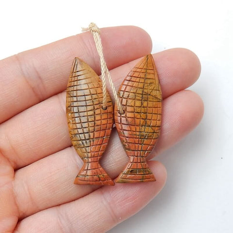 Natural Red Creek Jasper Carved fish Earring Beads 37x14x3mm, 6.4g