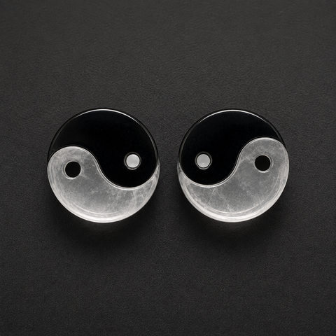 Clear Quartz & Black Tourmaline Yin-Yang Stone Plugs - Handcrafted Double Flare Gauges