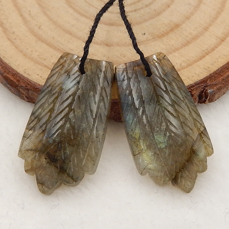 Natural Labradorite Carved feather Earring Beads 29x14x3mm, 4.5g