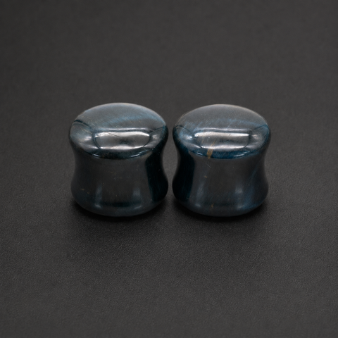 Blue Tiger's Eye Plugs, Hawk's Eye Stone Ear Gauges, Double Flare Saddle Plugs, Organic Body Jewelry, Pair of Indigo Ear Stretchers