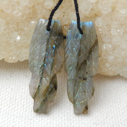 Natural Labradorite Carved feather Earring Beads 33x14x4mm, 5.7g