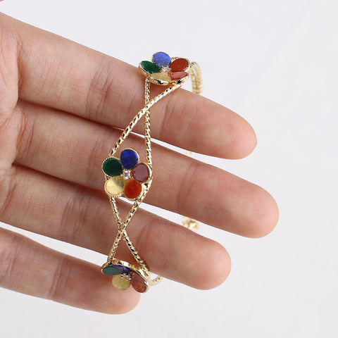 Multi-Gemstone Floral Gold Bangle - Zircon Centerpiece Adjustable Bracelet