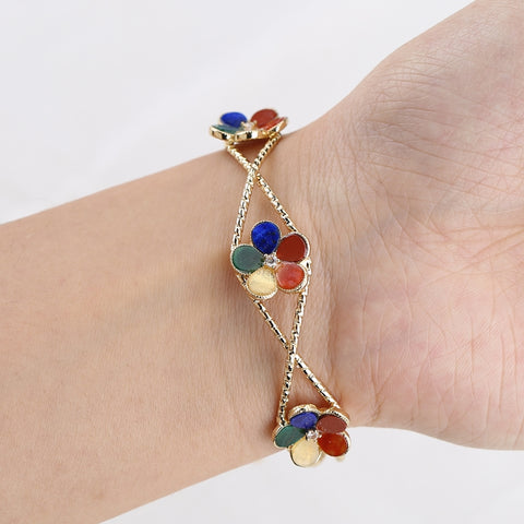 Multi-Gemstone Floral Gold Bangle - Zircon Centerpiece Adjustable Bracelet