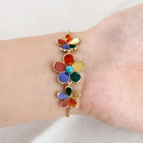Natural Multi-Gemstone Floral Gold Plated Bracelet-Adjustable Jewelry Bracelet