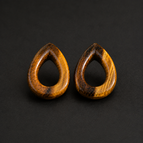 Natural Tiger Eye Teardrop Hollow Plugs — Handcrafted Gemstone Ear Gauge Pair