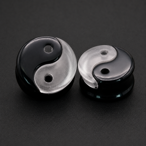 Clear Quartz & Black Tourmaline Yin-Yang Stone Plugs - Handcrafted Double Flare Gauges