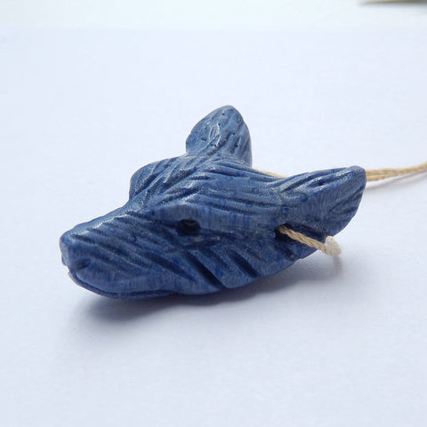 Perle pendentif tête de loup sculptée en corail bleu fait à la main, 33x24x11mm, 8.2g