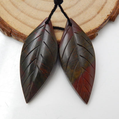 Natural Red Creek Jasper Carved leaf Earring Beads 31x14x5mm, 4.9g
