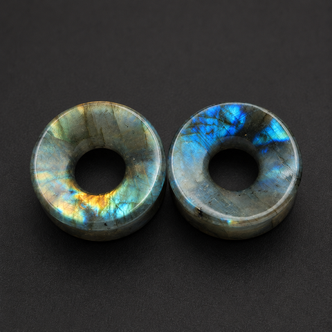 Natural  Labradorite Round Ear Tunnels, Double Flared Stone Gauges,  Body Jewelry, Ear Stretching Tunnel Pair