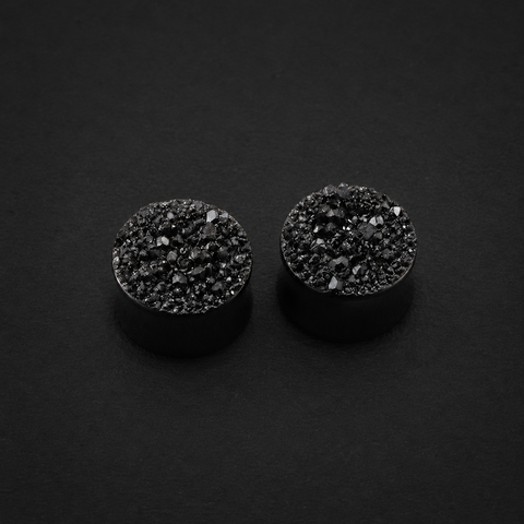 Black Druzy Ear Plugs, Sparkling Resin Crystal Cluster Gauges, Faux Quartz Double Flare Plugs, Dark Aesthetic Body Jewelry Gift