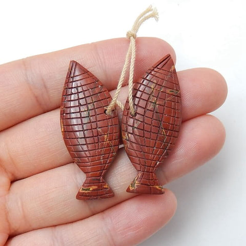 Natural Red Creek Jasper Carved fish Earring Beads 37x14x3mm, 6.4g