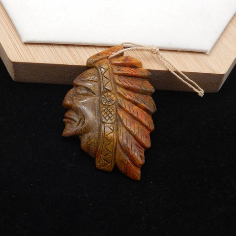Cabochon à tête indienne sculpté en jaspe Picasso multicolore fait à la main, 52 x 41 x 10 mm, 17,7 g