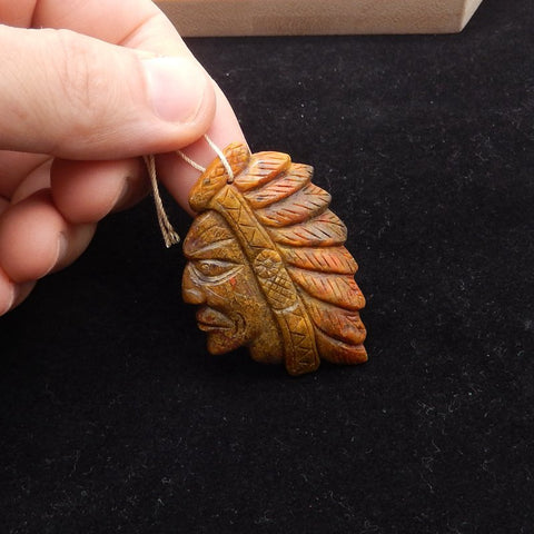 Cabochon à tête indienne sculpté en jaspe Picasso multicolore fait à la main, 52 x 41 x 10 mm, 17,7 g
