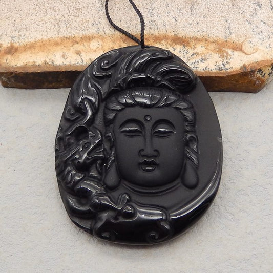 Natural Obsidian Carved Buddha Pendant Bead 48*39**9mm, 22.4g