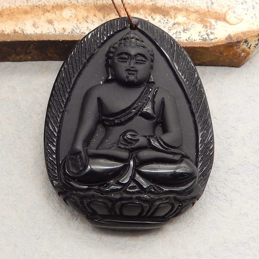 Natural Obsidian Carved Buddha Pendant Bead 48*36*13mm, 26.6g
