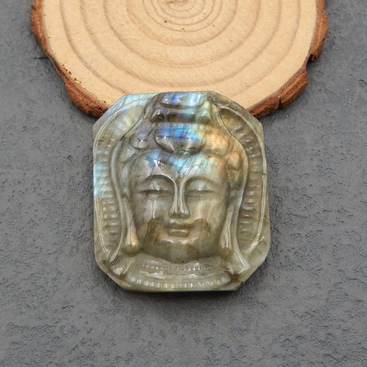 Cabochon de sculpture de pierres précieuses de Bouddha en labradorite sculptée, vente du Nouvel An !, 43x36x10 MM, 24.8G