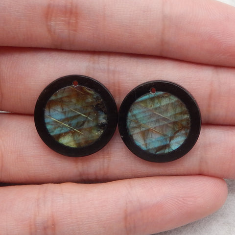 Natural Flash Labradorite and Obsidian Intarsia Round Gemstone Earring Beads,Popular Earring Pair,20x3mm,4.2g