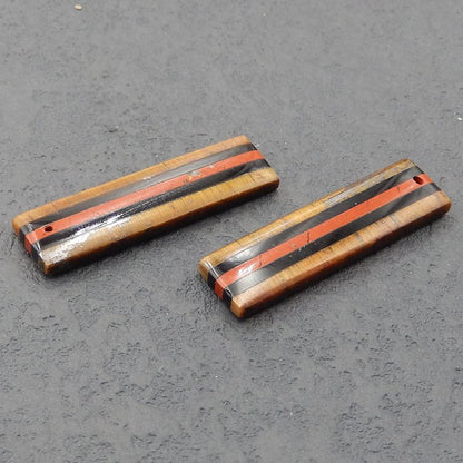 Intarsia of Obsidian, Red River and Tiger's Eye Earring Beads 36x9x3mm, 5.7g