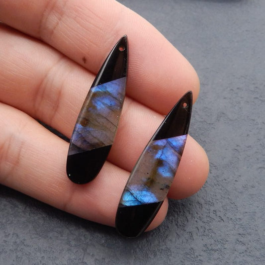 Intarsia of Obsidian and Labradorite Earring Beads 40*10*4mm, 5.8g