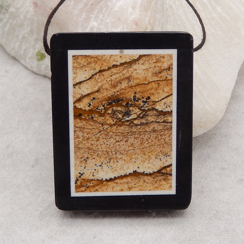 Natural Obsidian, Howlite And Picture Jasper  Intarsia Gemstone Pendant Bead, Side Drilled Gemstone Pendant,Handmade Pendant Gift, 43x33x6mm, 22.6g
