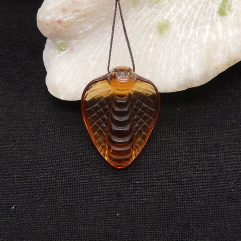 Hand Carved Yellow Quartz Snake (Cobra) Gemstone Pendant Bead, 35x26x11mm, 10.1g