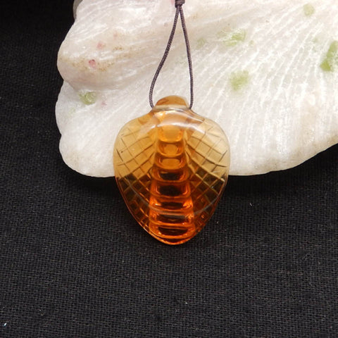 Hand Carved Yellow Quartz Snake (Cobra) Gemstone Pendant Bead, 35x26x11mm, 10.1g