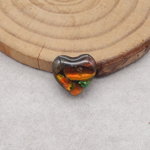 Natural Flash Canadian Ammonite, Obsidian And White Quartz Intarsia Heart Gemstone Cabochon, 11x11x4mm, 0.7g