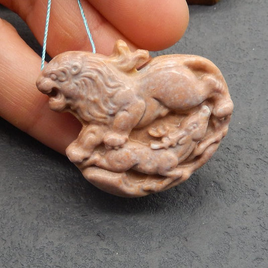 Natural Ocean Jasper Carved lion Pendant Bead 40*38*9mm, 21.2g