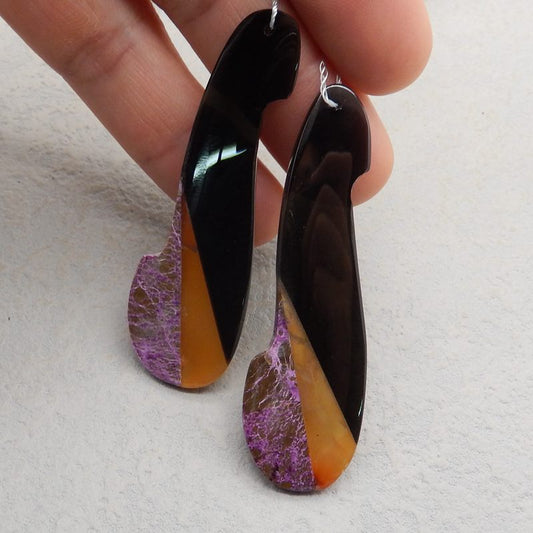 Intarsia of Obsidian, Red Agate and Purple Stone Pendant Beads 67*20*4mm, 64*20*4mm, 15.5g