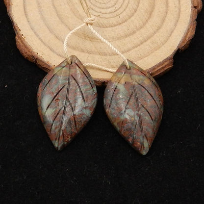 Natural Green Opal Carved leaf Earring Bead 34x20x4mm, 7.1g