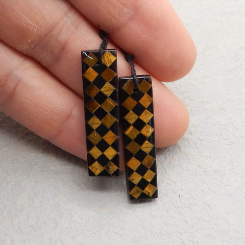 Intarsia of Tiger's Eye and Obsidian Earring Beads 36*9*4mm, 5.1g