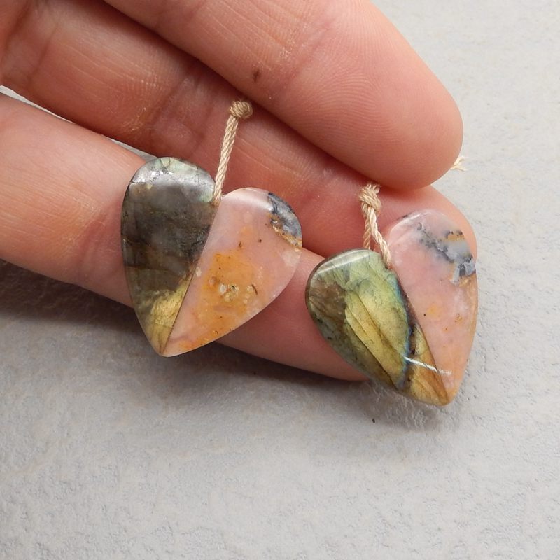 Intarsia of Pink Opal and Labradorite Earring Beads 25X21X5mm, 7.4g