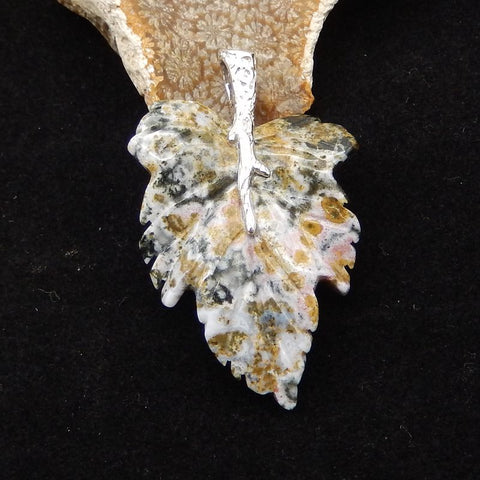Natural Ocean Jasper Carved Leaf Pendant with 925 Sterling Silver 46*30*8mm, 8.8g