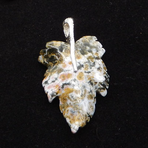 Natural Ocean Jasper Carved Leaf Pendant with 925 Sterling Silver 46*30*8mm, 8.8g