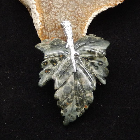 Natural Ocean Jasper Carved Leaf Pendant with 925 Sterling Silver 46*30*8mm, 8.8g