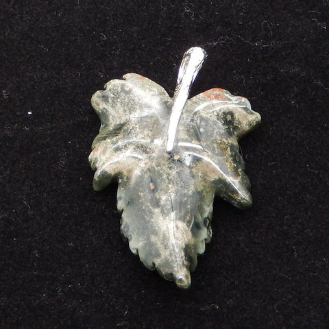 Natural Ocean Jasper Carved Leaf Pendant with 925 Sterling Silver 46*30*8mm, 8.8g