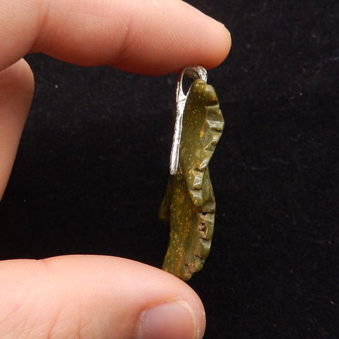 Natural Ocean Jasper Carved Leaf Pendant with 925 Sterling Silver 46*30*8mm, 8.8g
