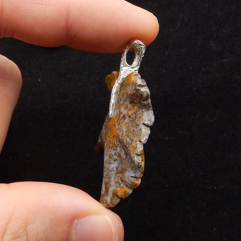 Natural Ocean Jasper Carved Leaf Pendant with 925 Sterling Silver 46*30*8mm, 8.8g