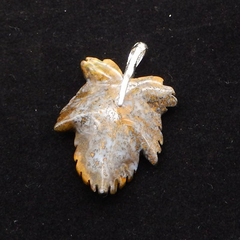 Natural Ocean Jasper Carved Leaf Pendant with 925 Sterling Silver 46*30*8mm, 8.8g