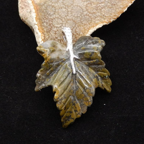 Natural Ocean Jasper Carved Leaf Pendant with 925 Sterling Silver 46*30*8mm, 8.8g