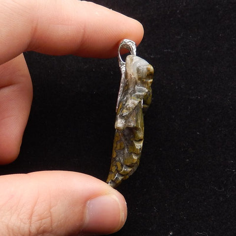 Natural Ocean Jasper Carved Leaf Pendant with 925 Sterling Silver 46*30*8mm, 8.8g