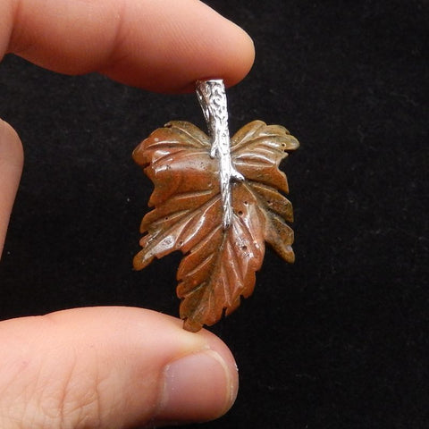 Natural Ocean Jasper Carved Leaf Pendant with 925 Sterling Silver 43*29*8mm, 8.9g