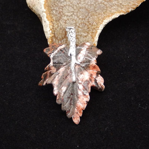 Natural Ocean Jasper Carved Leaf Pendant with 925 Sterling Silver 43*29*8mm, 8.9g