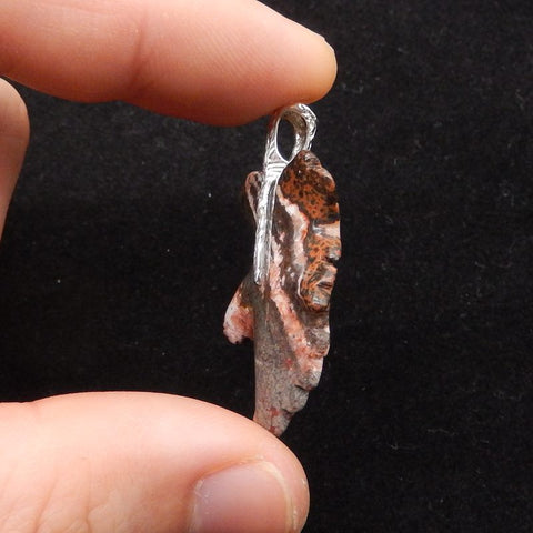 Natural Ocean Jasper Carved Leaf Pendant with 925 Sterling Silver 43*29*8mm, 8.9g