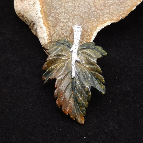 Natural Ocean Jasper Carved Leaf Pendant with 925 Sterling Silver 43*29*8mm, 8.9g