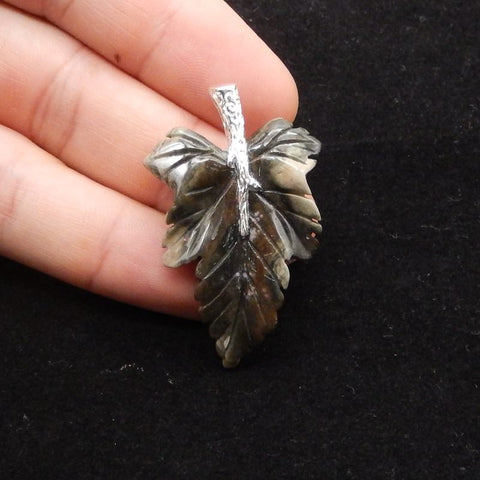 Natural Ocean Jasper Carved Leaf Pendant with 925 Sterling Silver 46*30*8mm, 8.8g