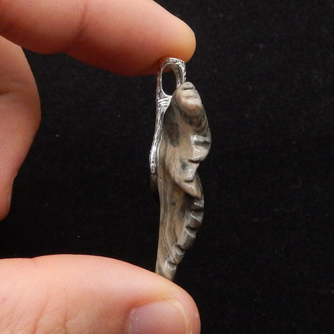 Natural Ocean Jasper Carved Leaf Pendant with 925 Sterling Silver 46*30*8mm, 8.8g